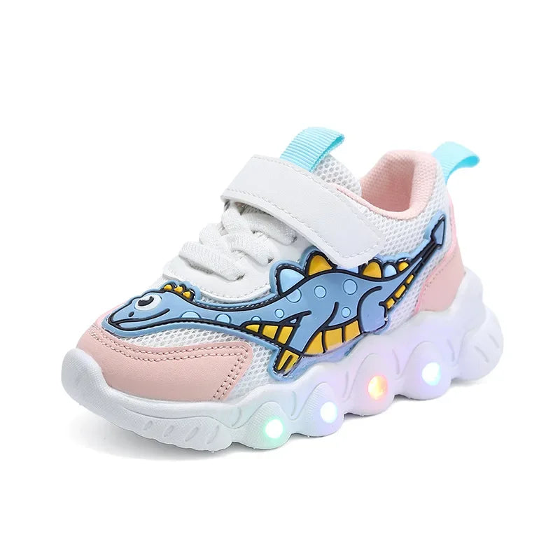 Kids' LED Light-Up Sneakers – Dinosaur Print Breathable Shoes for Boys & Girls