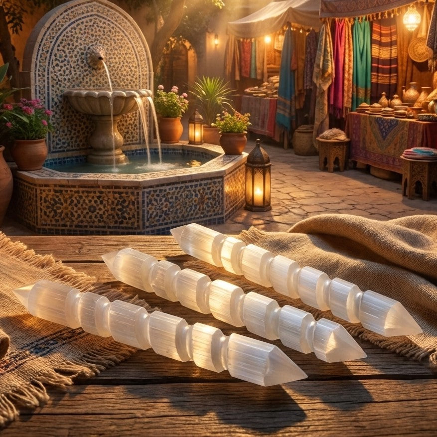 Three spiral-carved selenite wands on a wooden table with fabric and a courtyard fountain in the background.