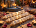Three white selenite spiral wands with pointed ends displayed near candles and a tiled fountain.