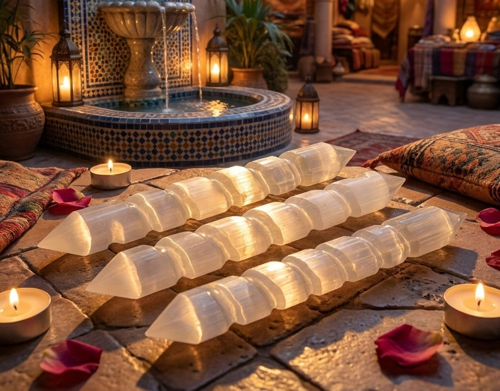 Three white selenite spiral wands with pointed ends displayed near candles and a tiled fountain.