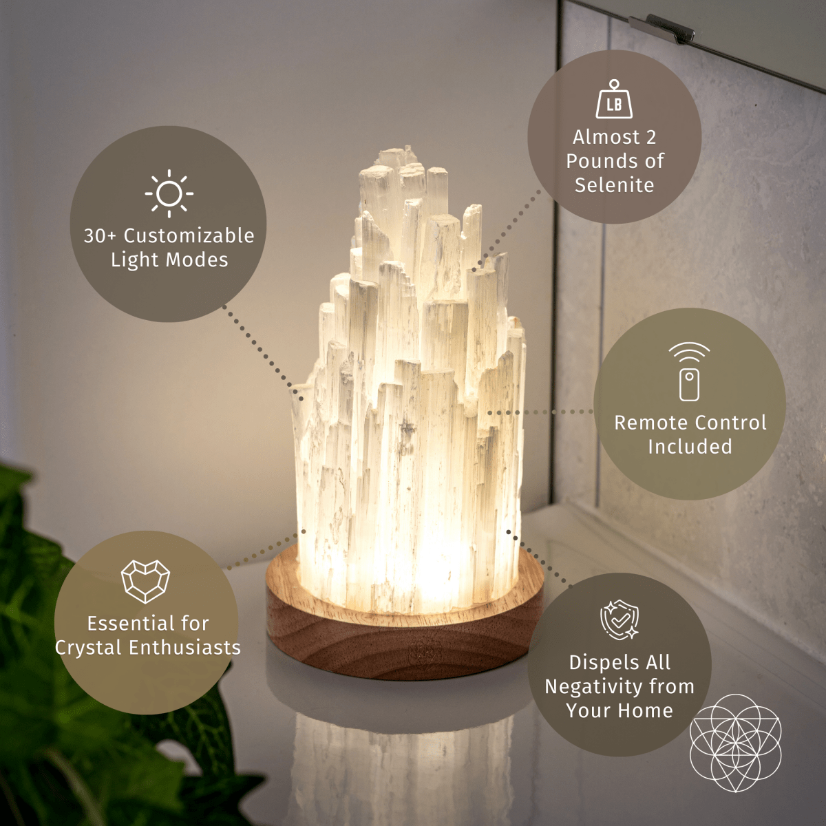 Selenite lamp infographic advertising light modes, remote control, stone weight, and a claim about dispelling negativity.
