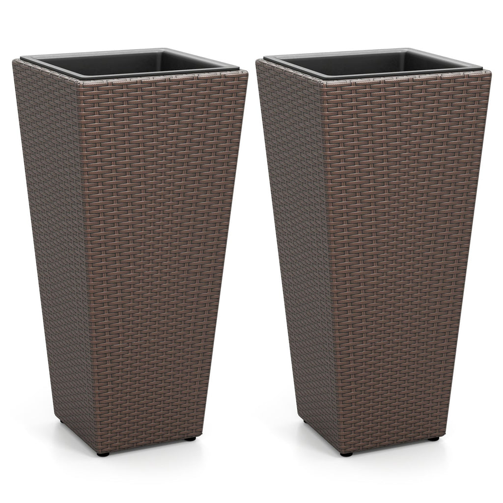 Two tall rectangular outdoor planters with a brown woven wicker texture and dark gray interiors, shown on a white background.
