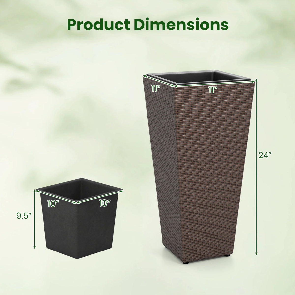 Product dimensions graphic showing two rectangular wicker-style planters on a pale green background. The larger planter is brown with a 24-inch height and 12-inch base, and the smaller planter is black with a 9.