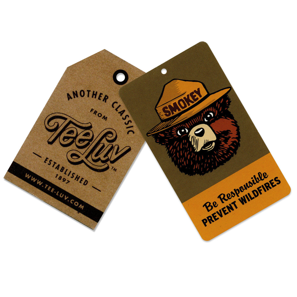 Tee Luv and Smokey Bear hang tags with Be Responsible Prevent Wildfires message