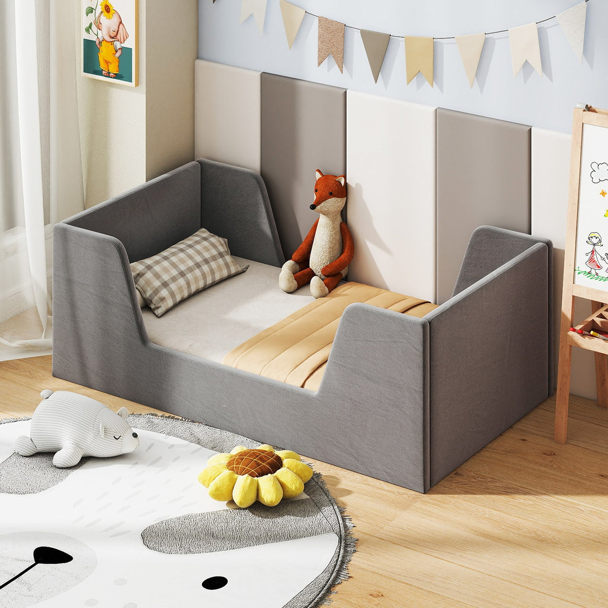 Velvet Toddler Bed Frame with Safety Rails