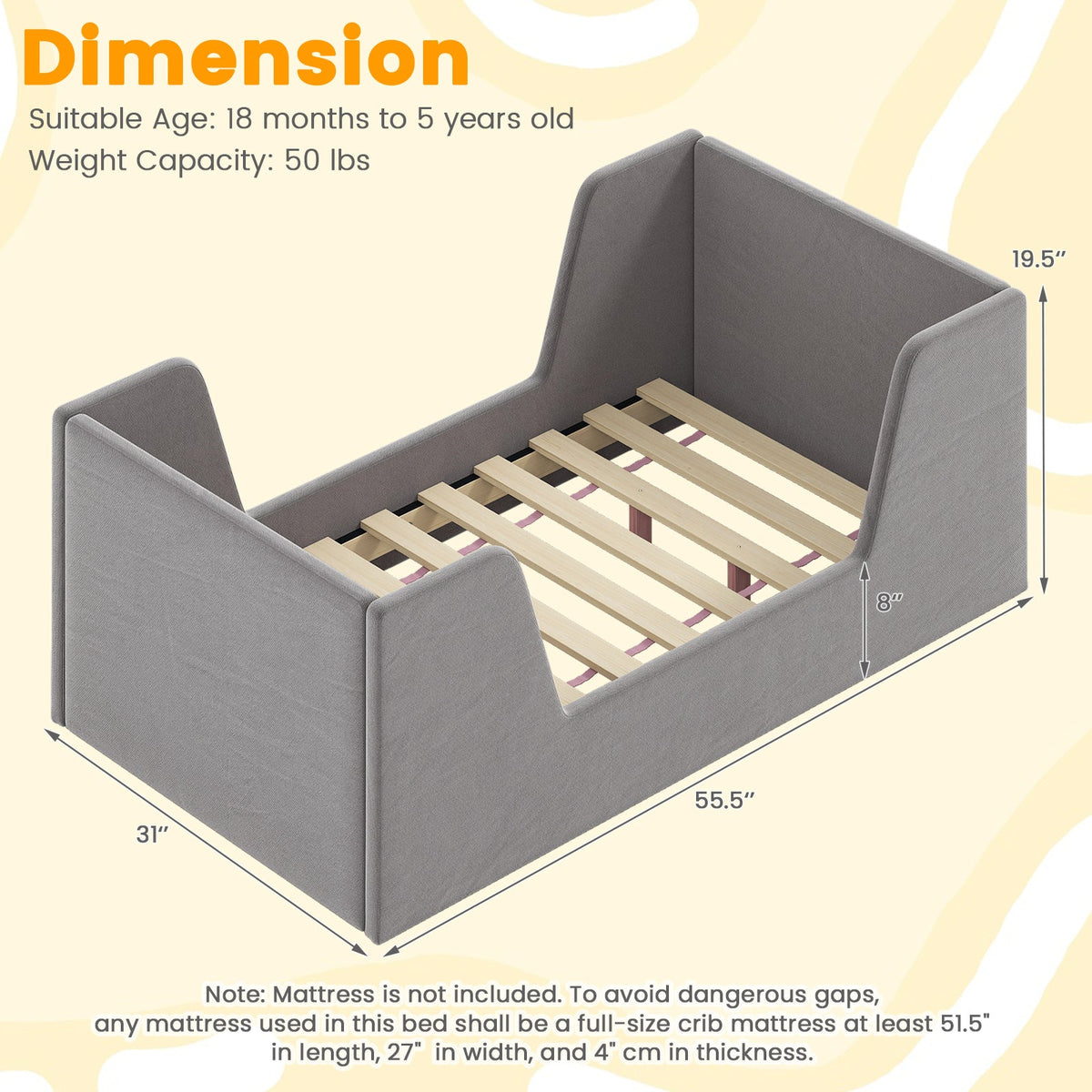 Velvet Toddler Bed Frame with Safety Rails