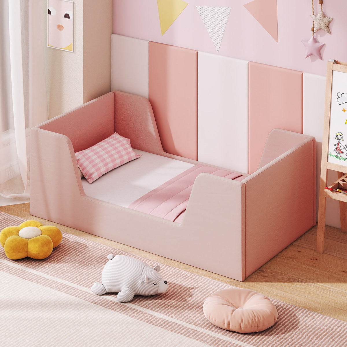 Velvet Toddler Bed Frame with Safety Rails