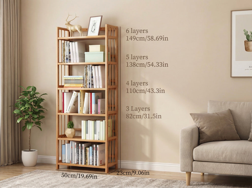 Tall Bamboo Bookshelf | Adjustable Shelves, Narrow Freestanding Storage Rack — 3 to 6 Tiers
