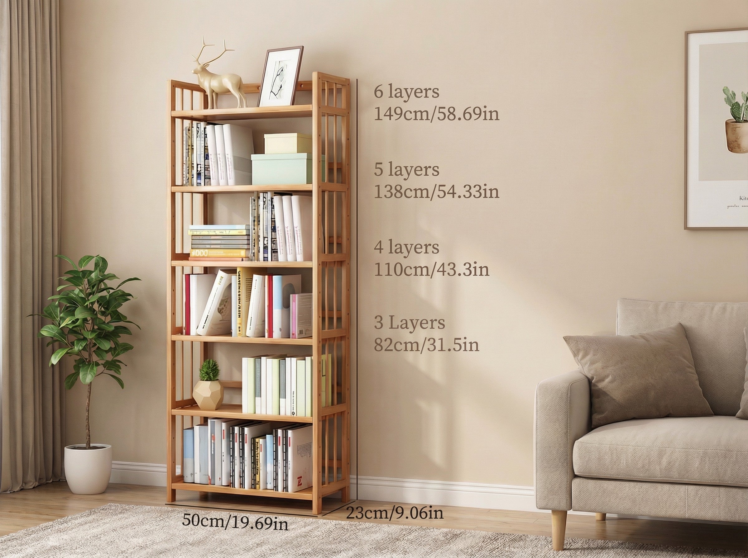 Tall Bamboo Bookshelf | Adjustable Shelves, Narrow Freestanding Storage Rack — 3 to 6 Tiers