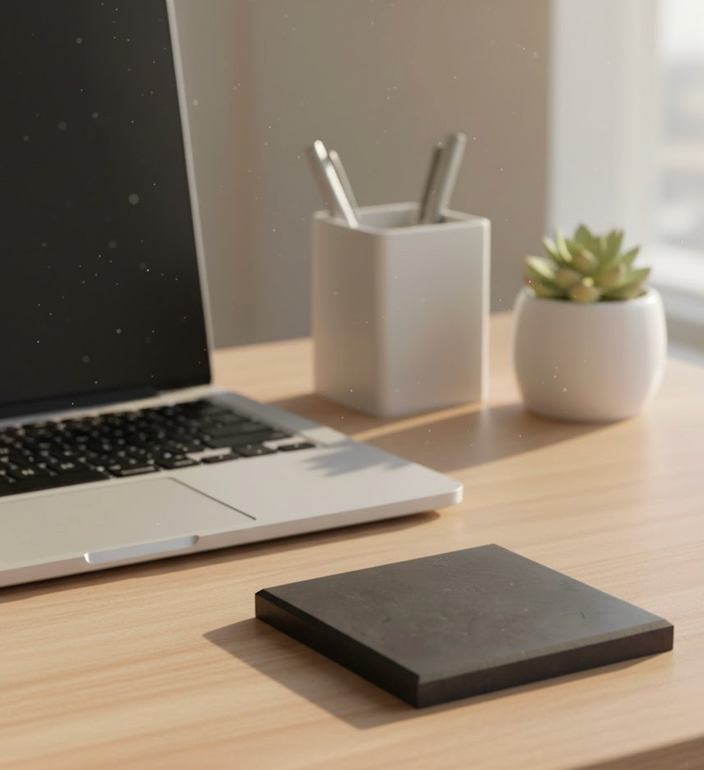 Square black shungite plate on a wooden desk beside a laptop, pen holder, and small potted succulent.
