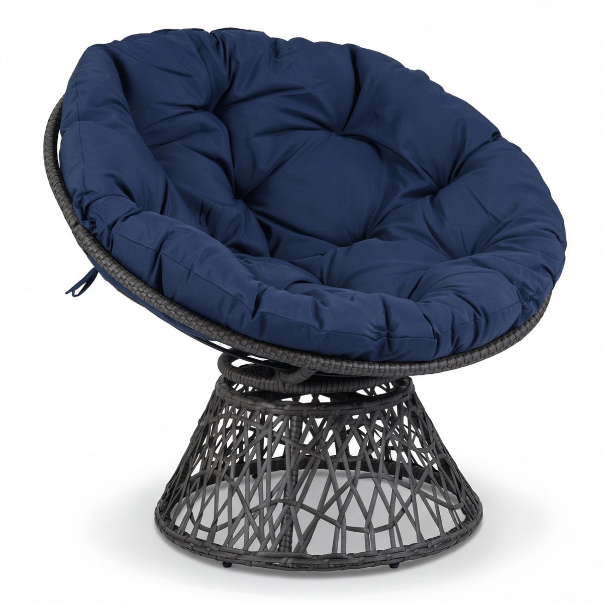 360° Swivel Papasan Chair with Rattan Base & Tufted Cushion
