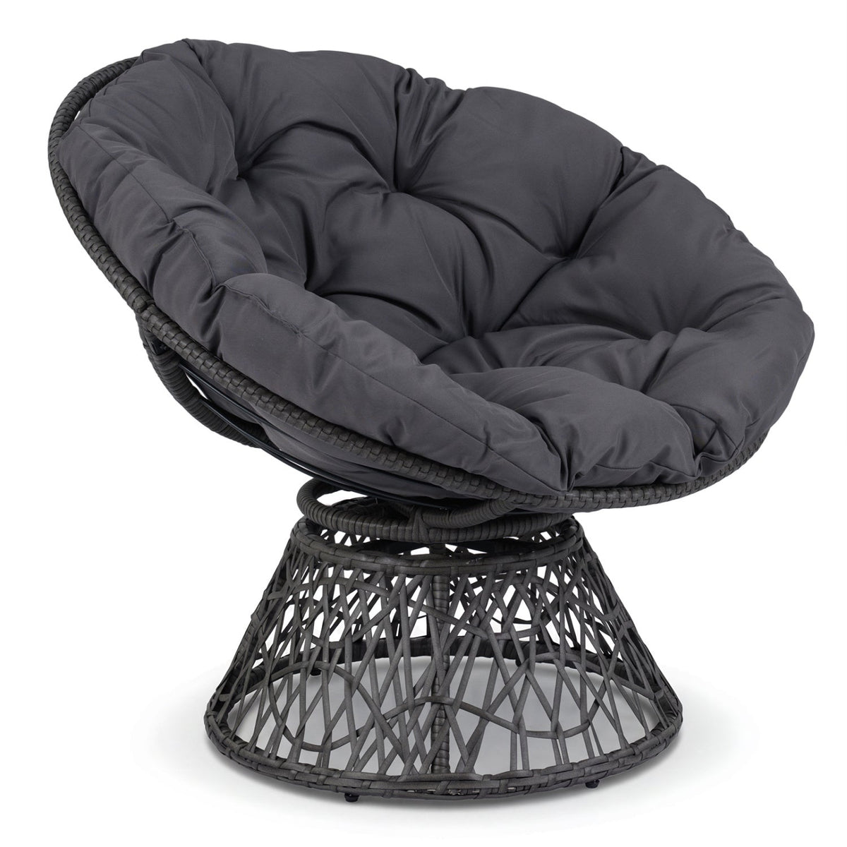 360° Swivel Papasan Chair with Rattan Base & Tufted Cushion