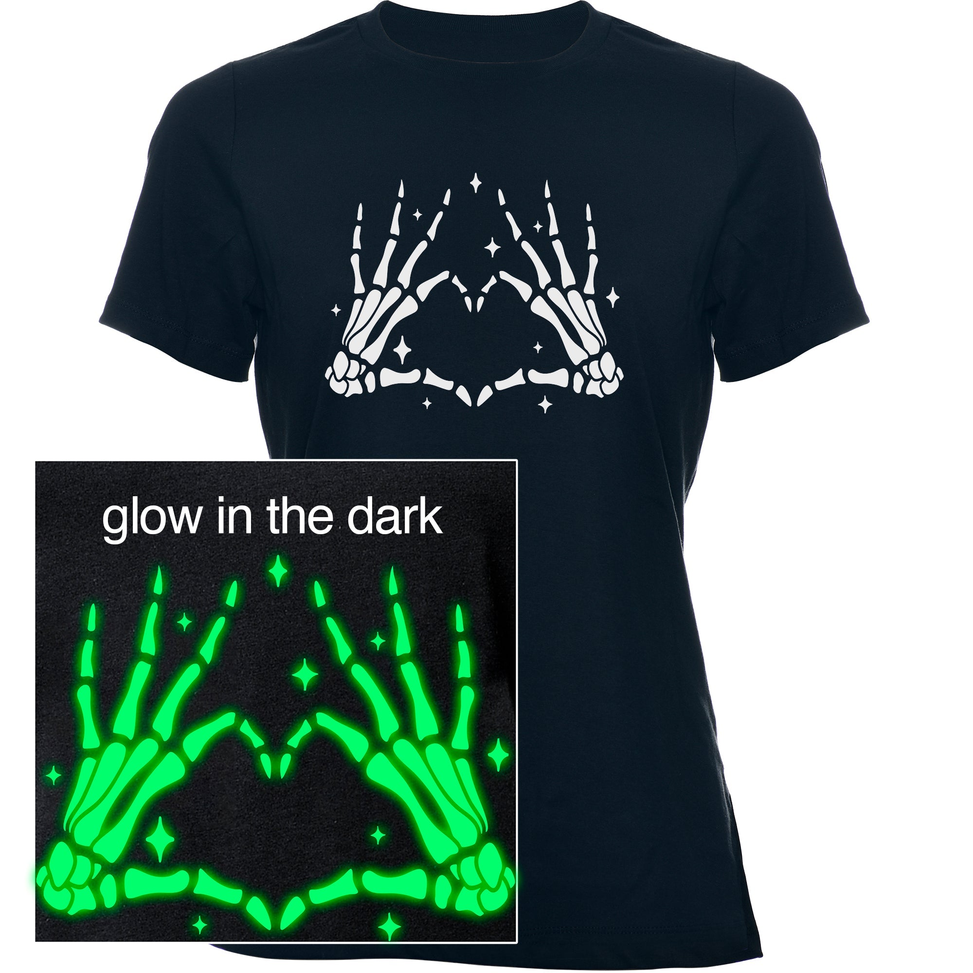 Glow in the Dark Skeleton Heart Hands Black T-Shirt