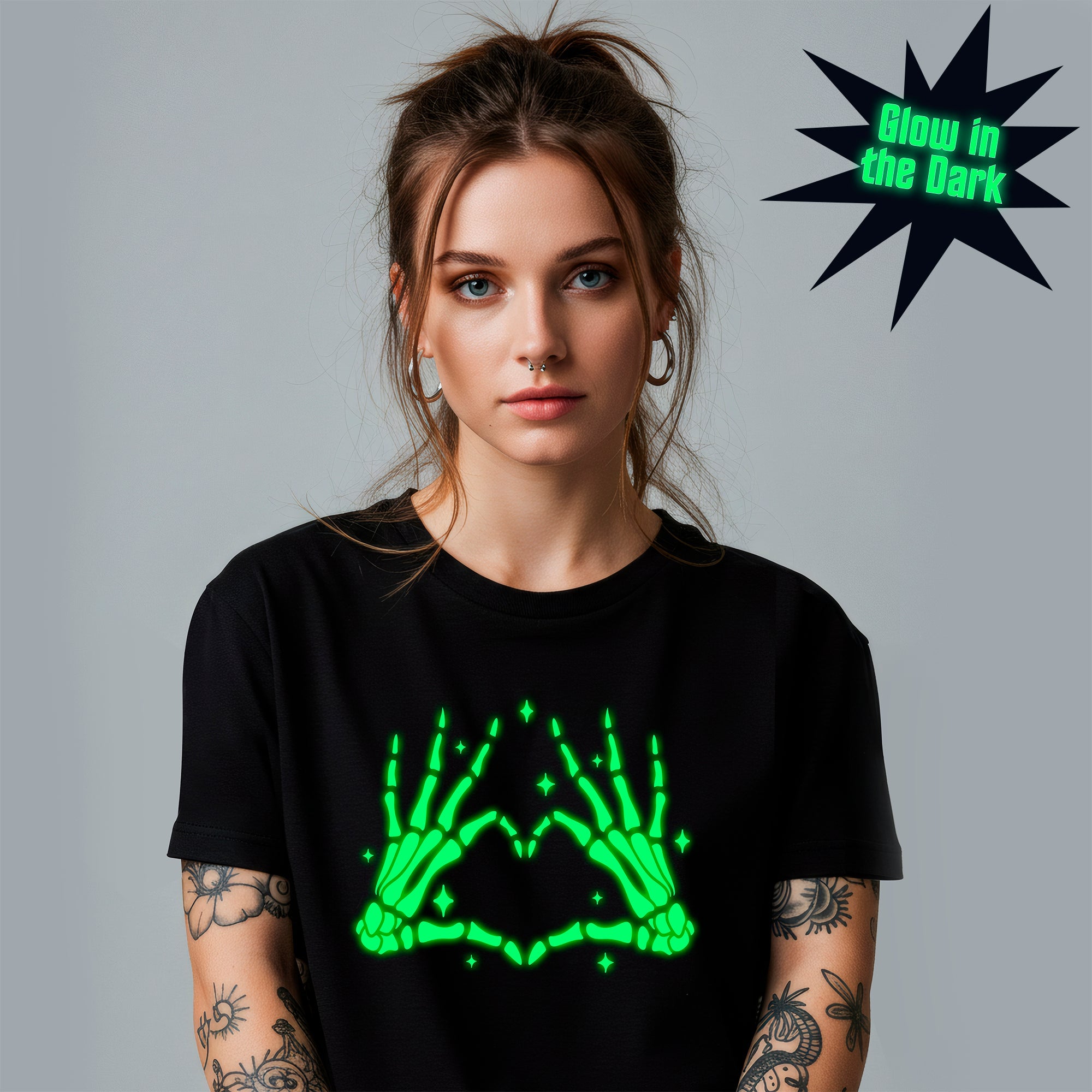 Glow in the Dark Skeleton Heart Hands Black T-Shirt