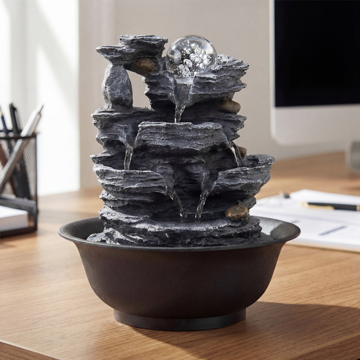 Tabletop Water Fountain with Rolling Crystal Ball & Color-Changing LED
