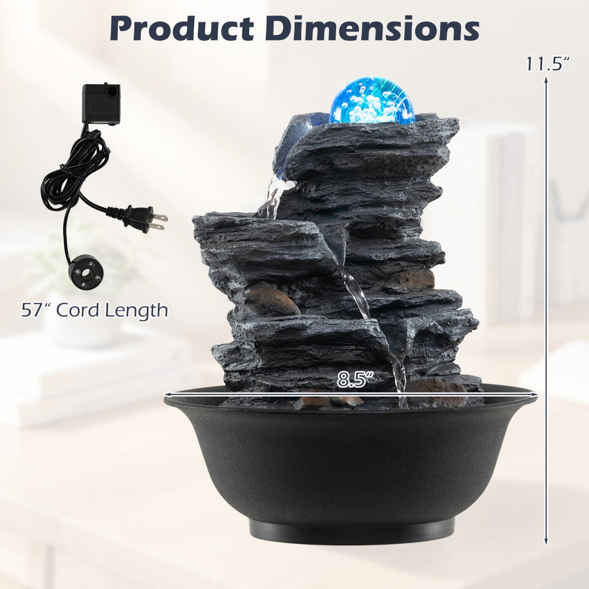 Tabletop Water Fountain with Rolling Crystal Ball & Color-Changing LED