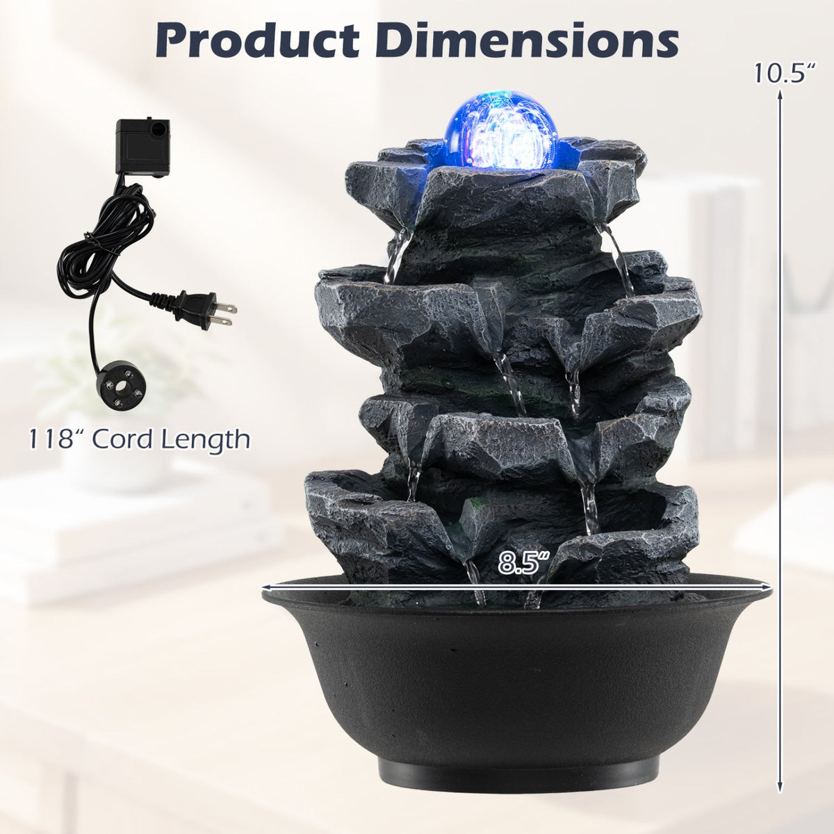 Tabletop Water Fountain with Rolling Crystal Ball & Color-Changing LED