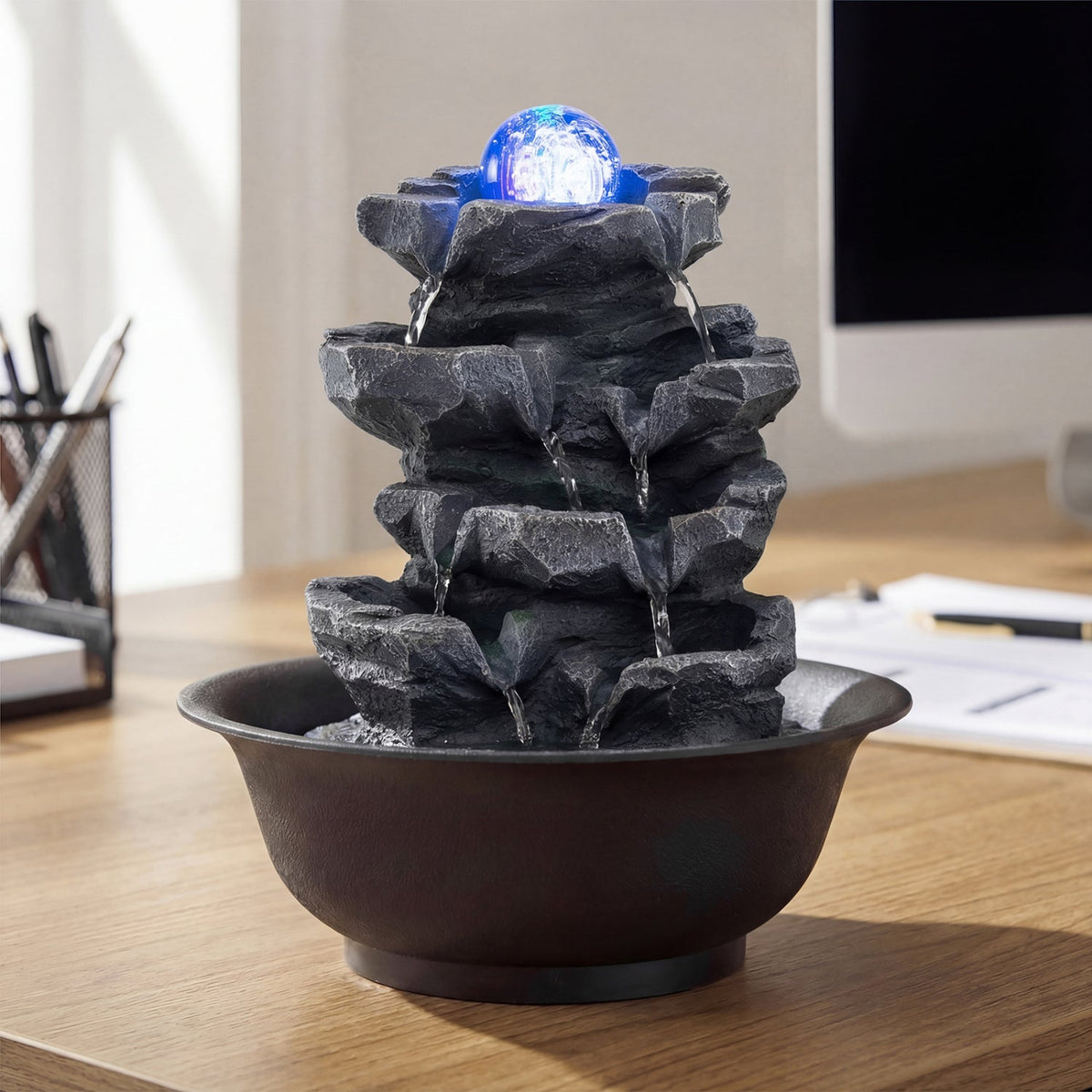 Tabletop Water Fountain with Rolling Crystal Ball & Color-Changing LED
