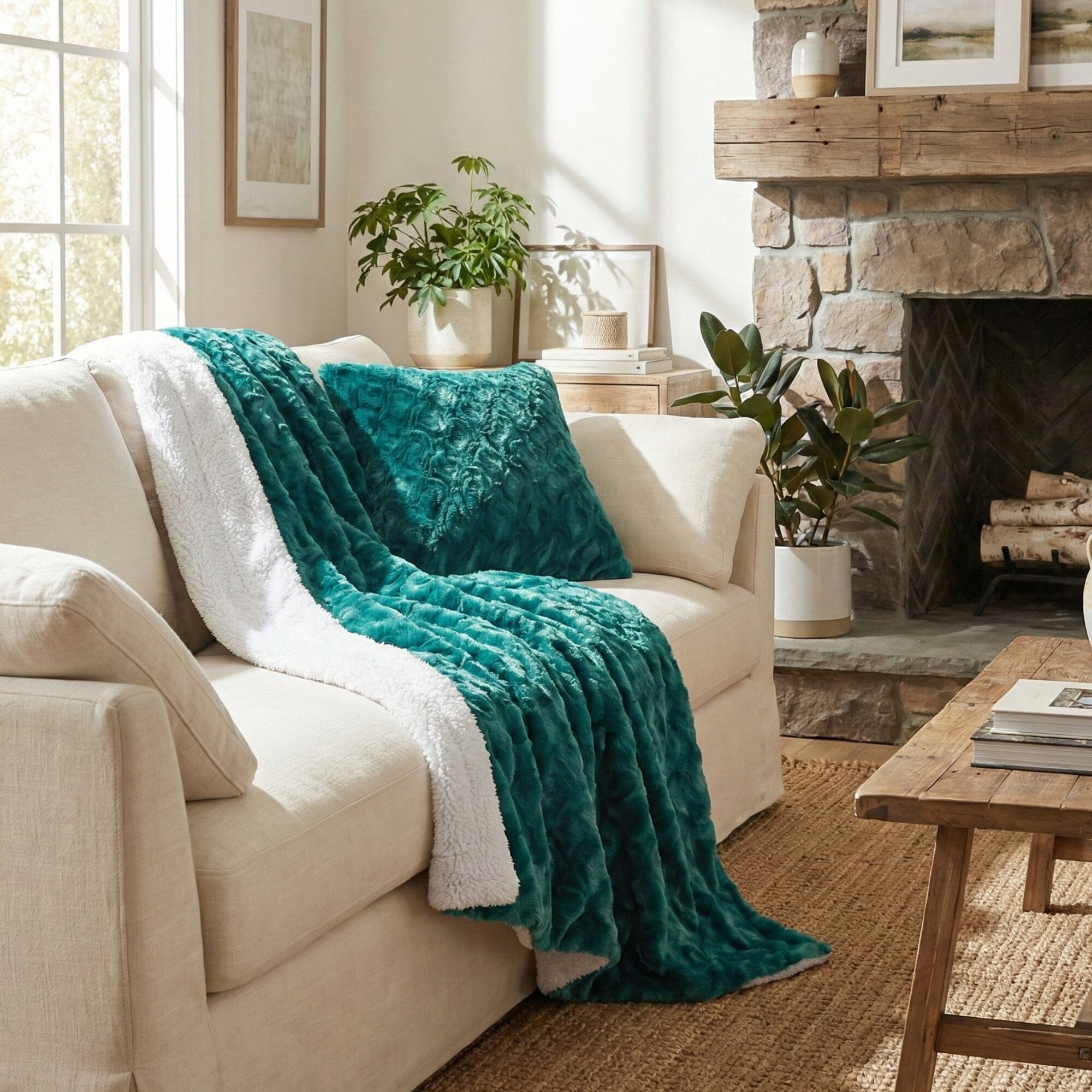 DaDa Bedding Mermaid Scale Emerald Green & Teal Faux Fur Sherpa Throw Blanket