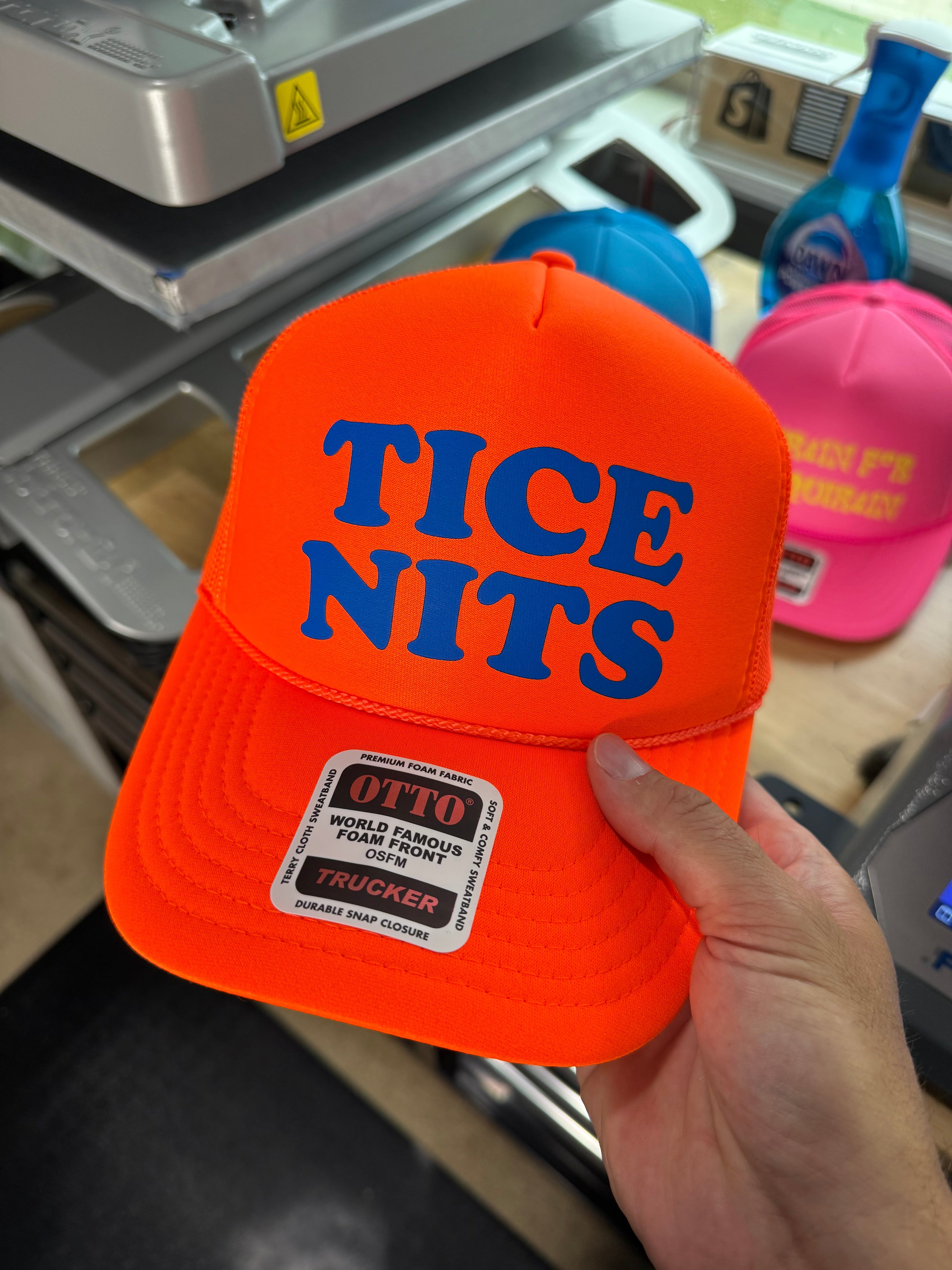 Tice Nits Foam Trucker Hat – Funny Novelty Snapback | Neon Orange & Black | Luckless Outfitters