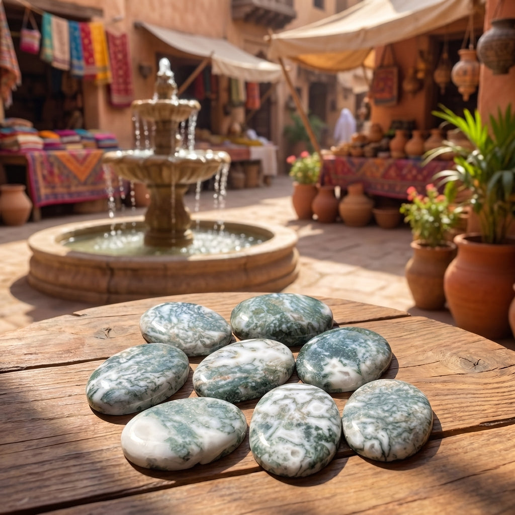 Tree agate cabochons displayed on a wooden table with a courtyard fountain, textiles, and pottery in the background.
