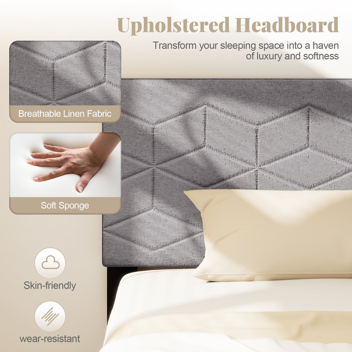 Modern Platform Bed Frame with Linen Headboard