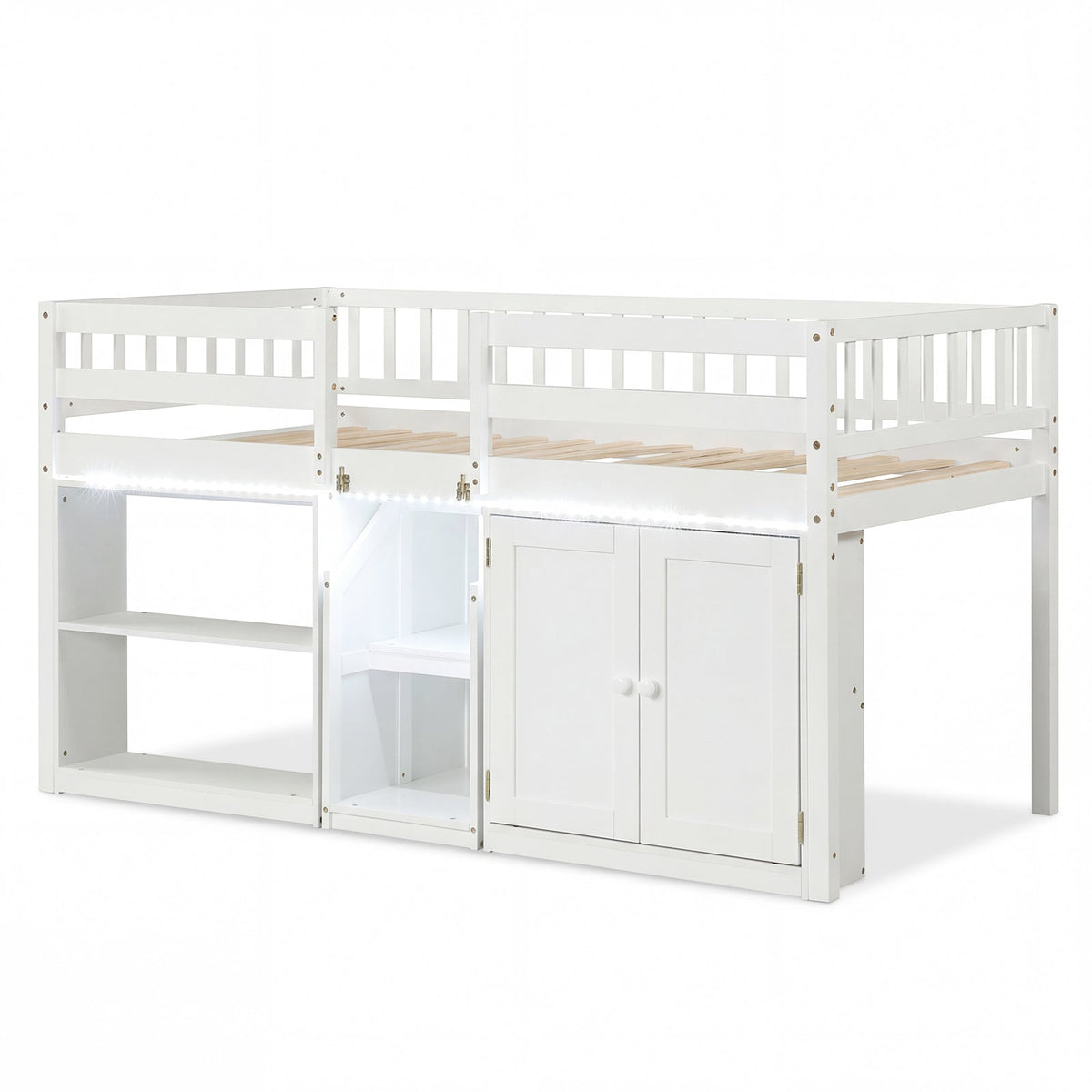 Kids Twin Loft Bed with LED Lights & Storage