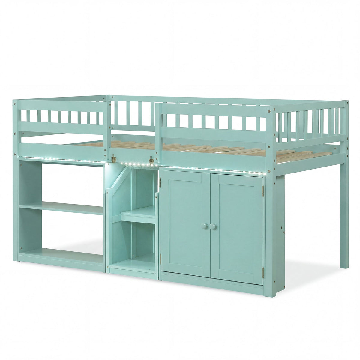 Kids Twin Loft Bed with LED Lights & Storage