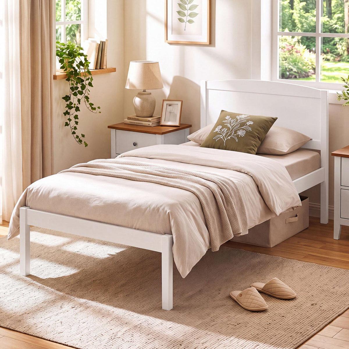 Twin Platform Bed Frame with Curved Wood Headboard