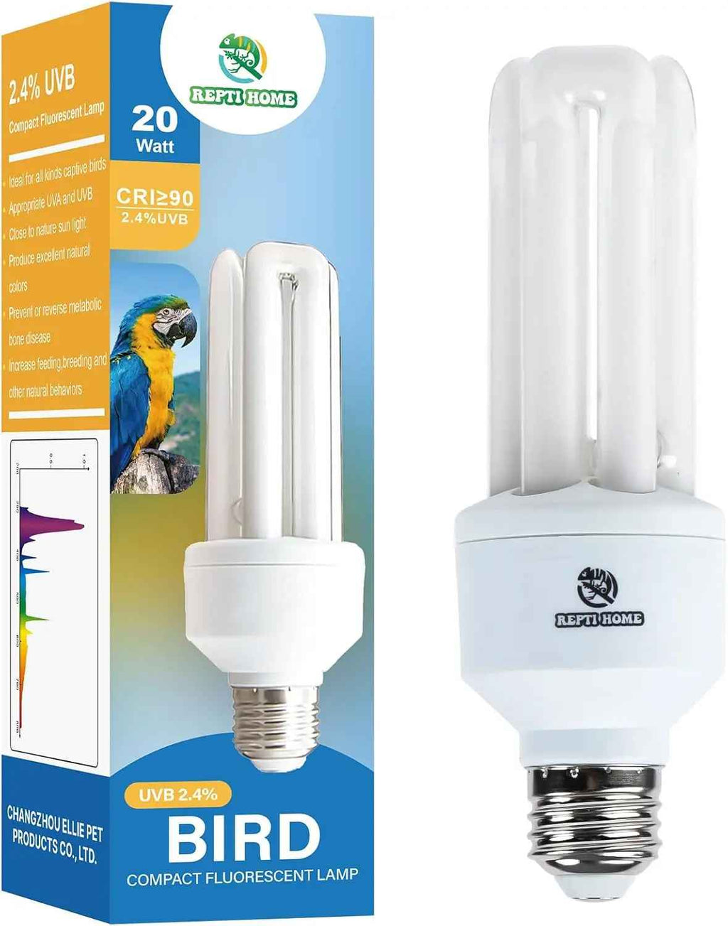 A compact fluorescent bird lamp with a white bulb and screw base shown next to its retail box. The packaging is blue and white with product details and a small parrot illustration.