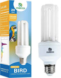 A compact fluorescent bird lamp with a white bulb and screw base shown next to its retail box. The packaging is blue and white with product details and a small parrot illustration.