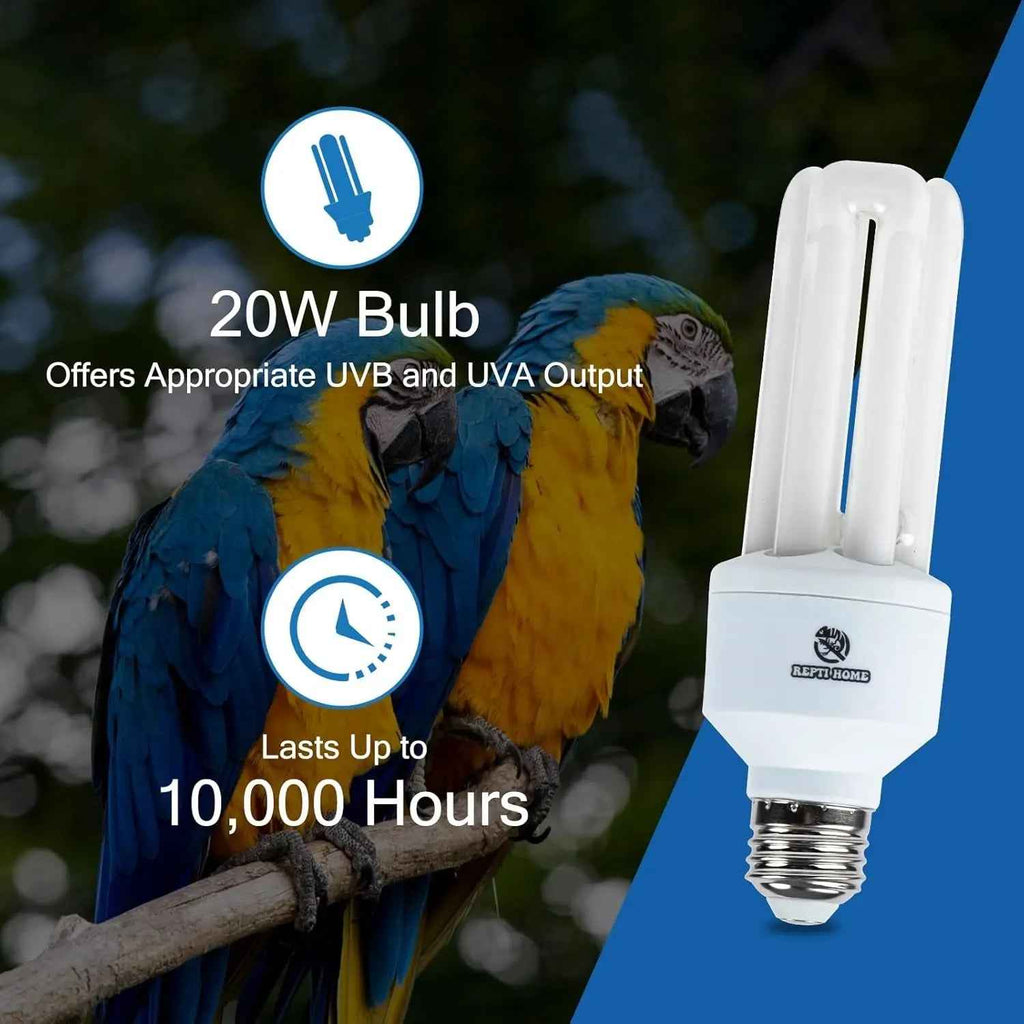 CFL bulb with parrot on branch, highlighting features like UVB and UVA output and long lifespan.