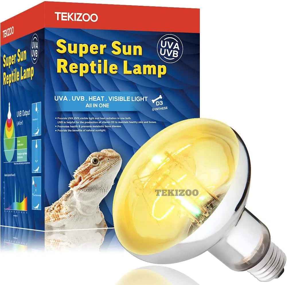 Tekizoo Super Sun Reptile Lamp packaging with a lamp in front