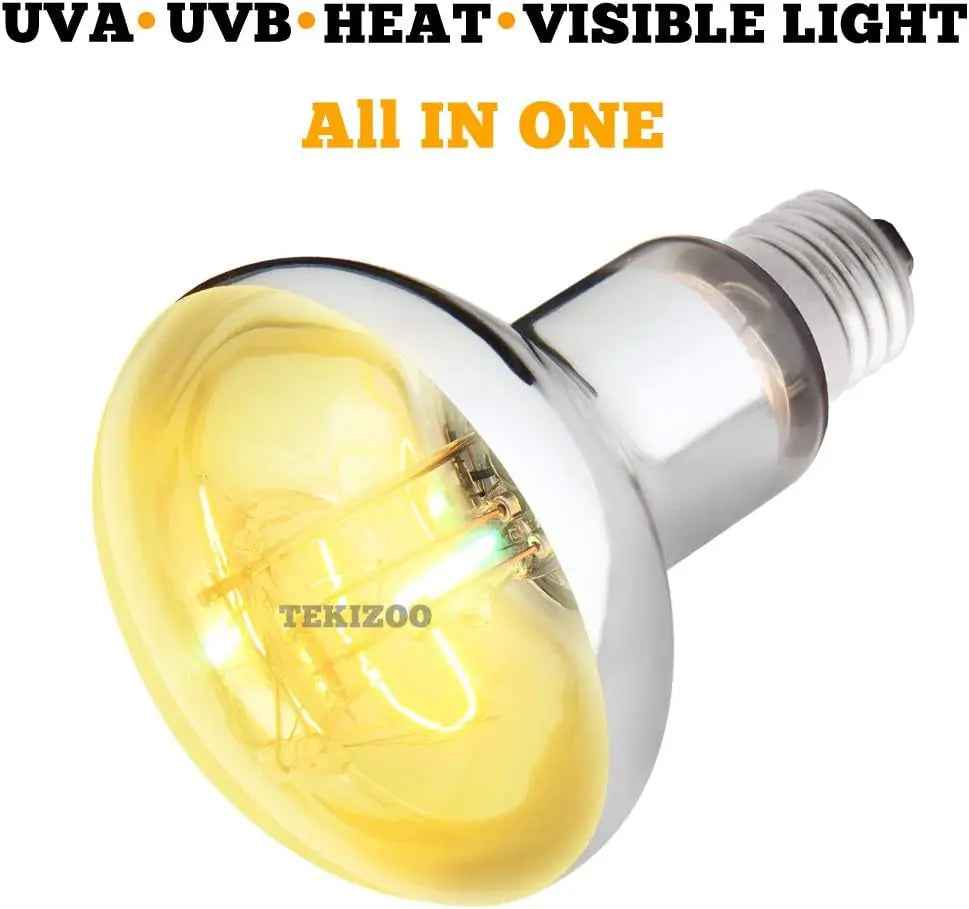 Light bulb with text indicating UVA, UVB, heat, and visible light on a white background
