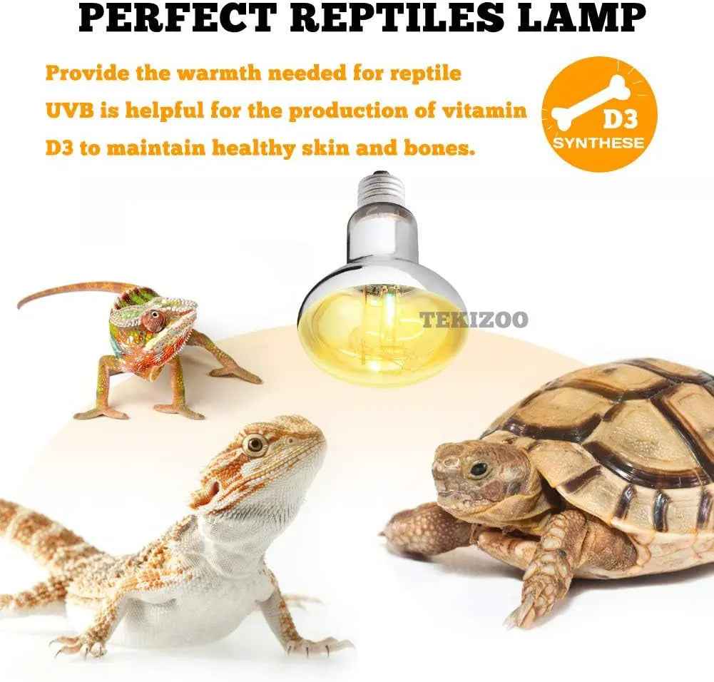 Reptile lamp with three reptiles and text about UVB benefits on a white background