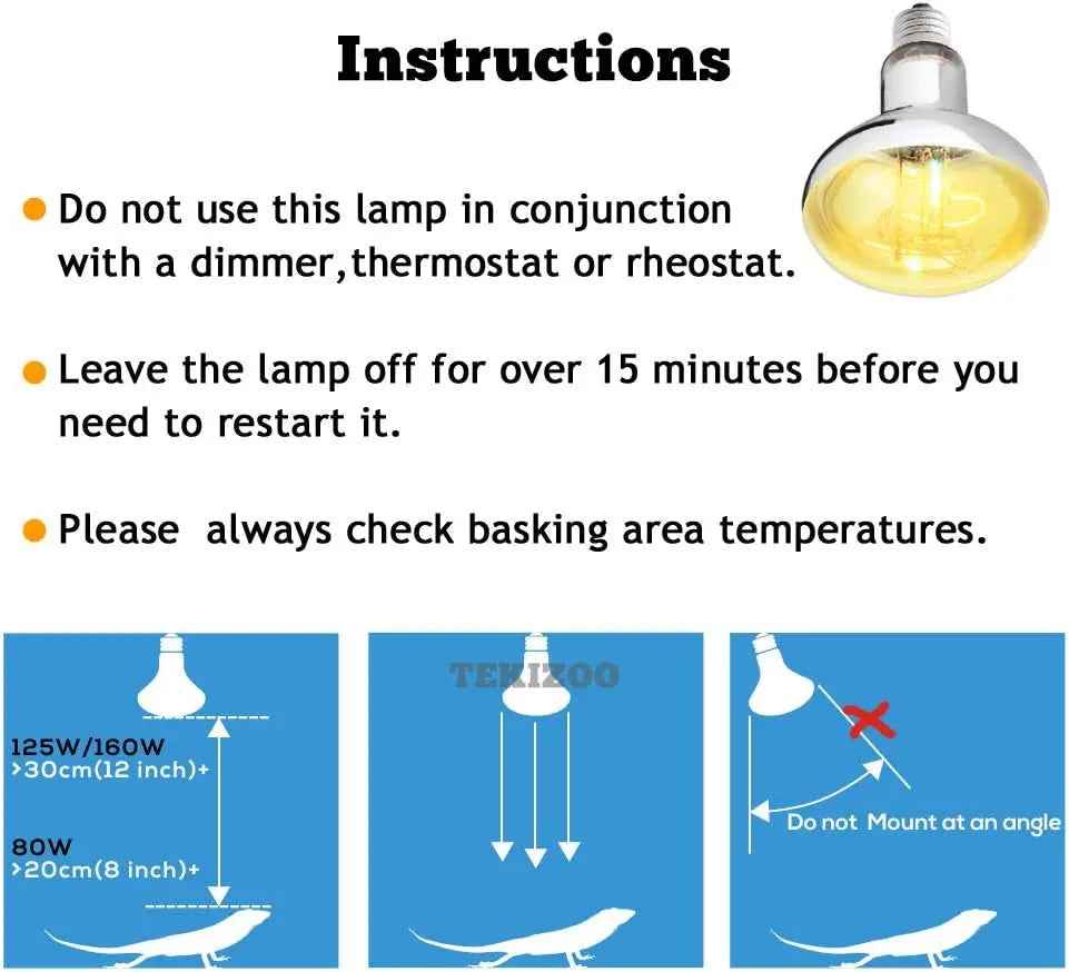 Instruction sheet for a TERIXOO lamp, featuring text warnings about not using a dimmer, thermostat, or rheostat, leaving the lamp off for over 15 minutes, and checking basking area temperatures. The bottom contains three blue diagrams showing lamp-to-lizard distance measurements and mounting angle warnings.