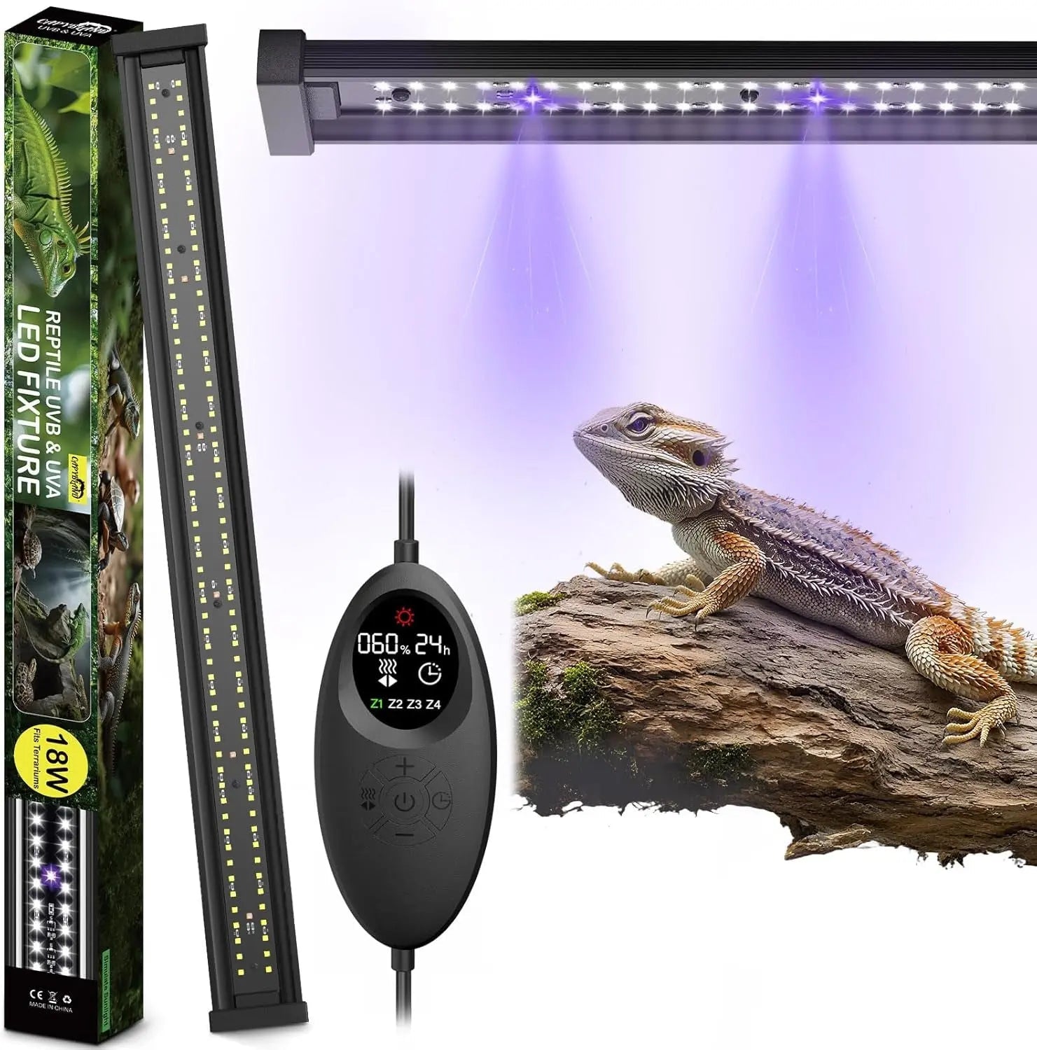UVB Reptile Terrarium Light – 28.5" 18W LED UVA/UVB Lamp with Ferguson Zone Modes, Dimmer & 24H Timer | 10,000+ Hour Lifespan