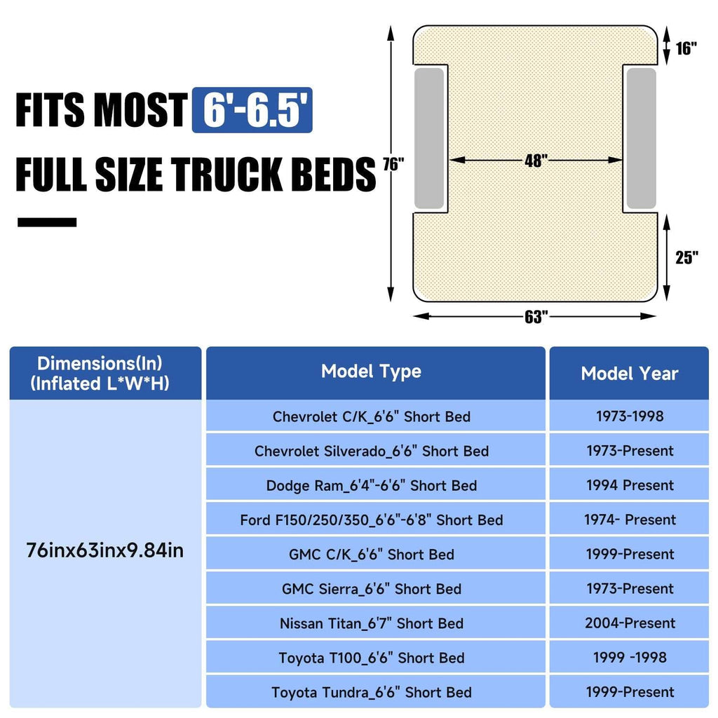 DikaSun 6.0–6.5 ft Full Size Pickup Truck Bed Air Mattress – Black