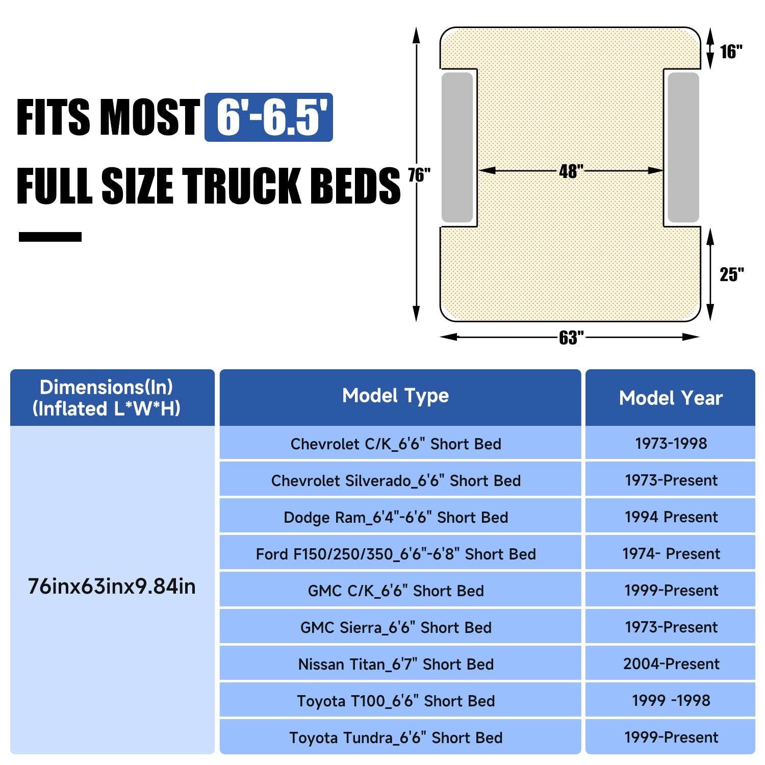 DikaSun 6.0–6.5 ft Full Size Pickup Truck Bed Air Mattress – Black