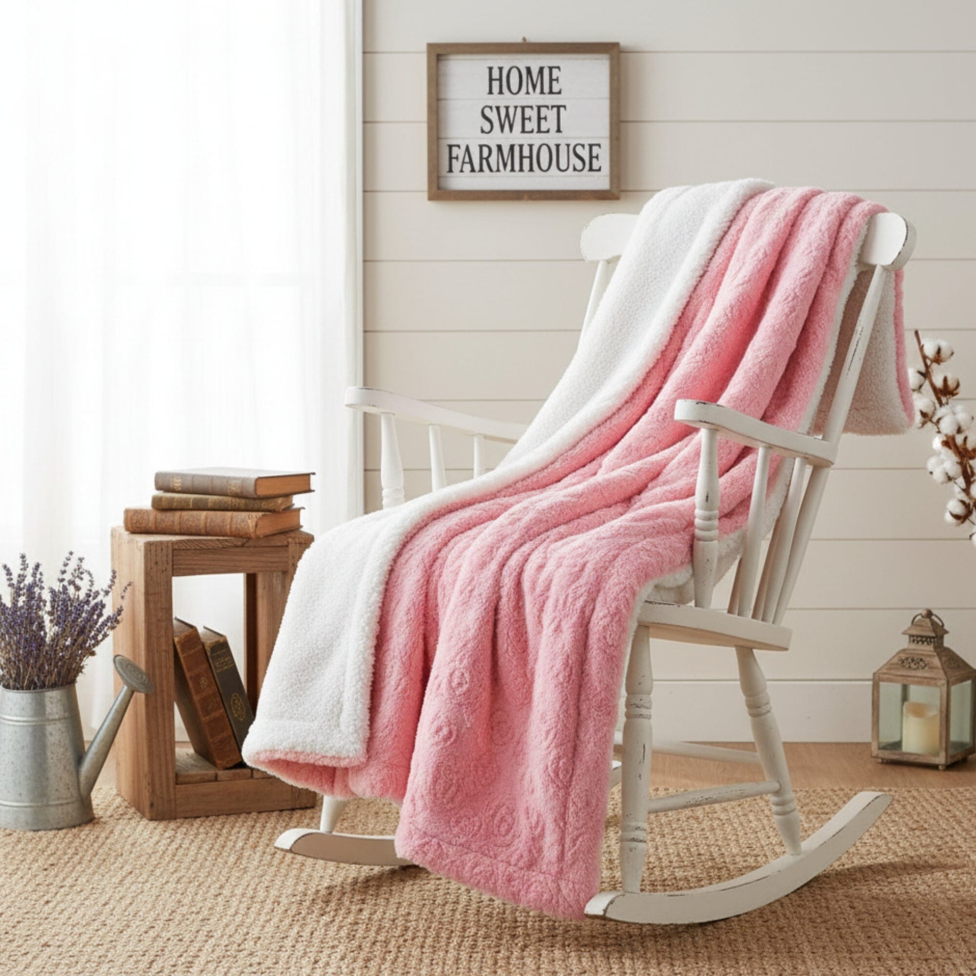 DaDa Bedding Rose Buds Blushing Pink Faux Fur Sherpa Throw Blanket