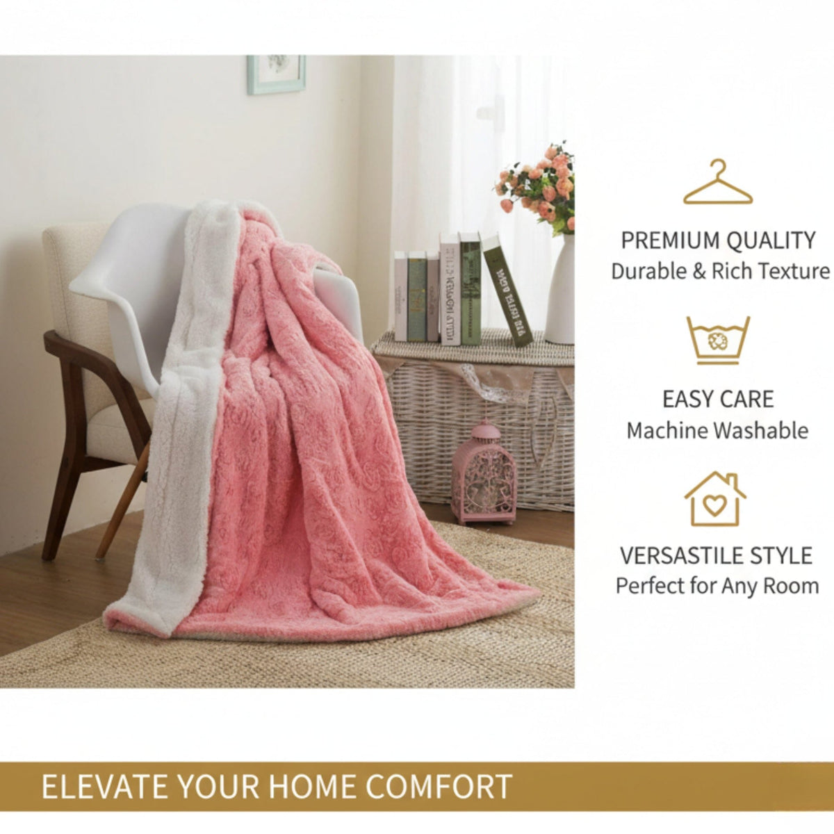 Rose Buds Blushing Pink Sherpa Throw Blanket
