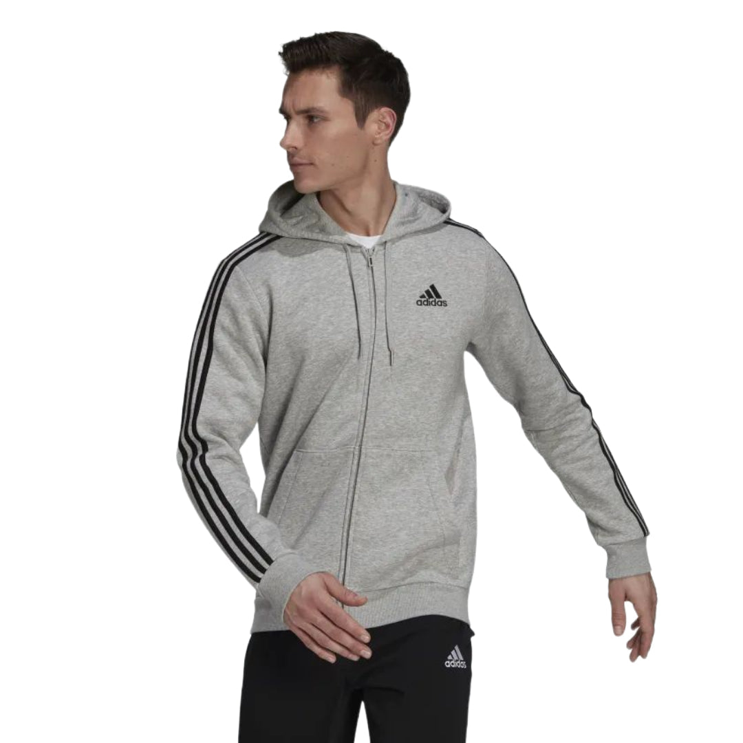 adidas Men's Essentials 3-Stripes Fleece Full-Zip Hoodie - Medium Grey Heather (JD1865)