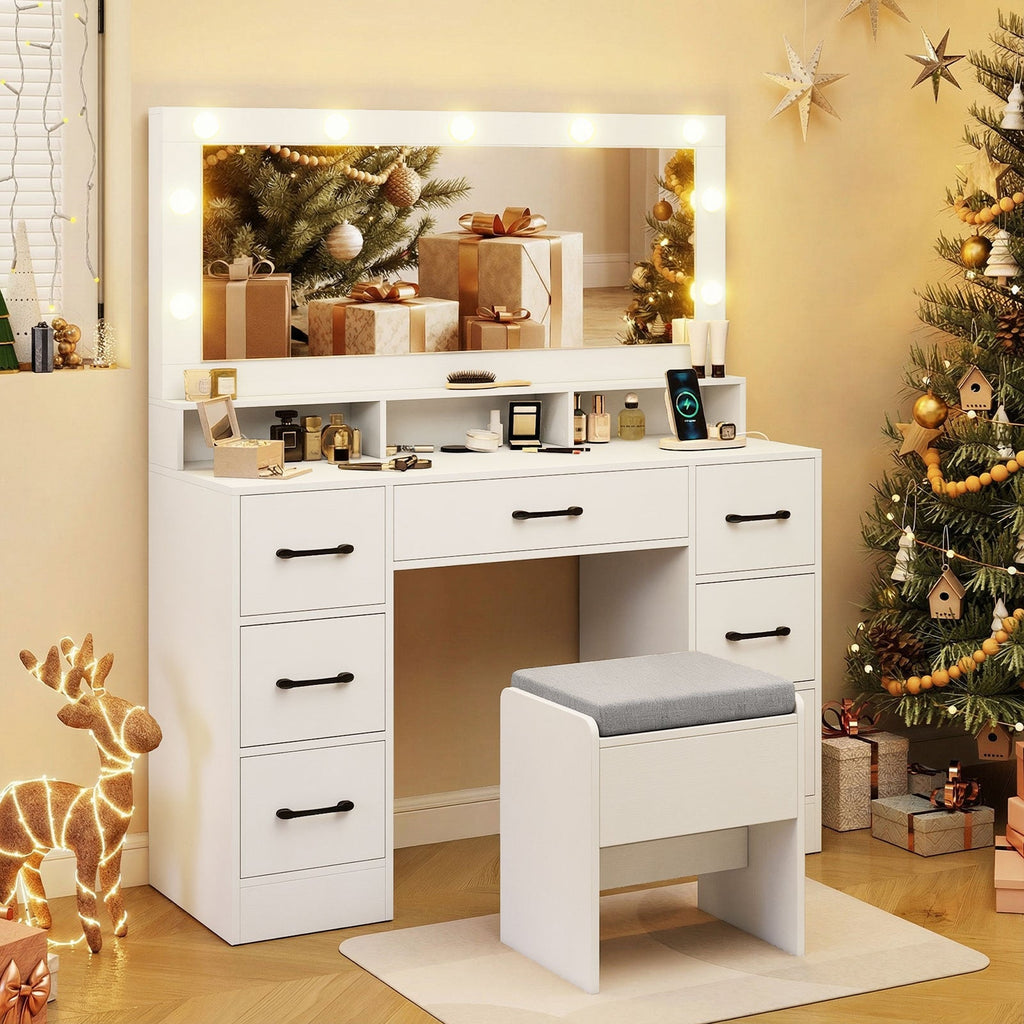 Vanity Desk with Hollywood Mirror & Built-In Power Outlets