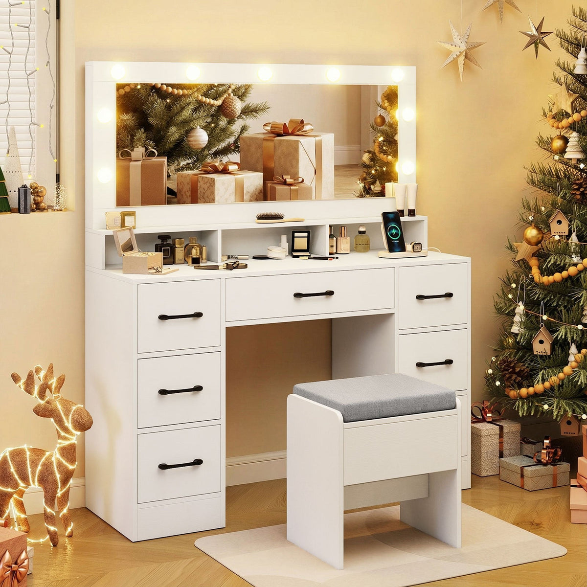 Vanity Desk with Hollywood Mirror & Built-In Power Outlets