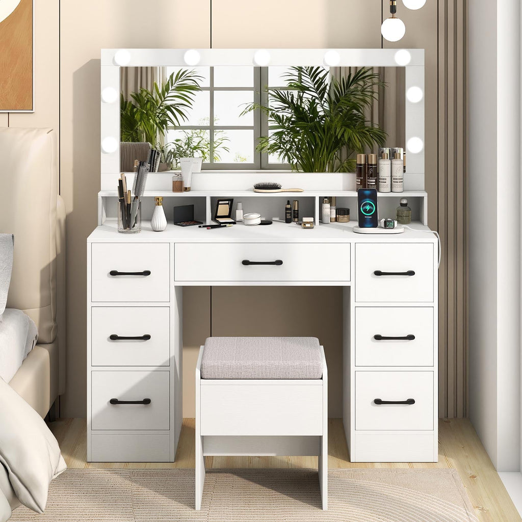 Vanity Desk with Hollywood Mirror & Built-In Power Outlets