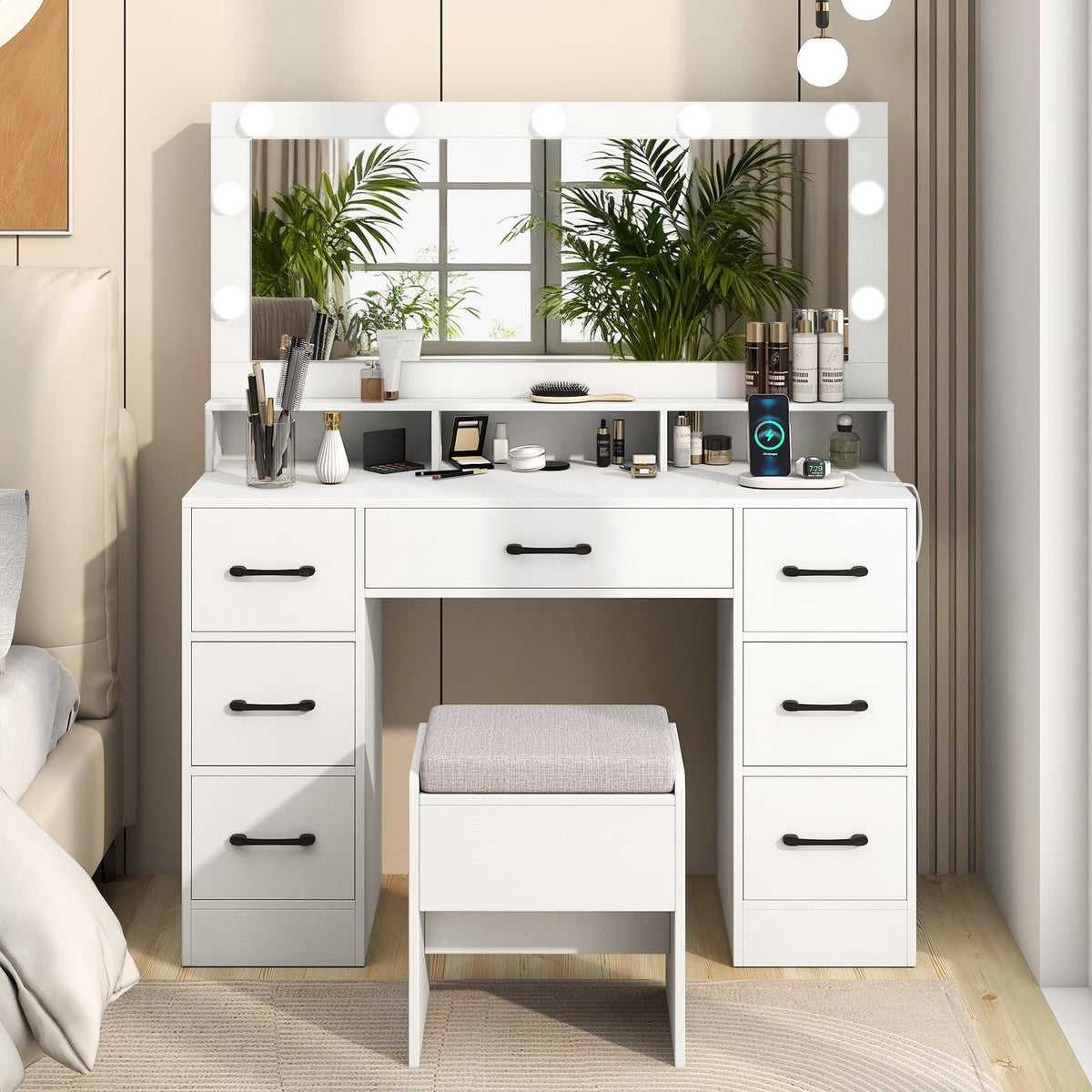 Vanity Desk with Hollywood Mirror & Built-In Power Outlets