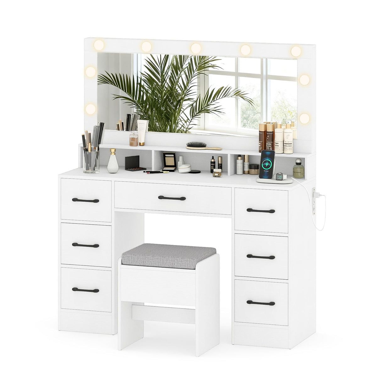 Vanity Desk with Hollywood Mirror & Built-In Power Outlets