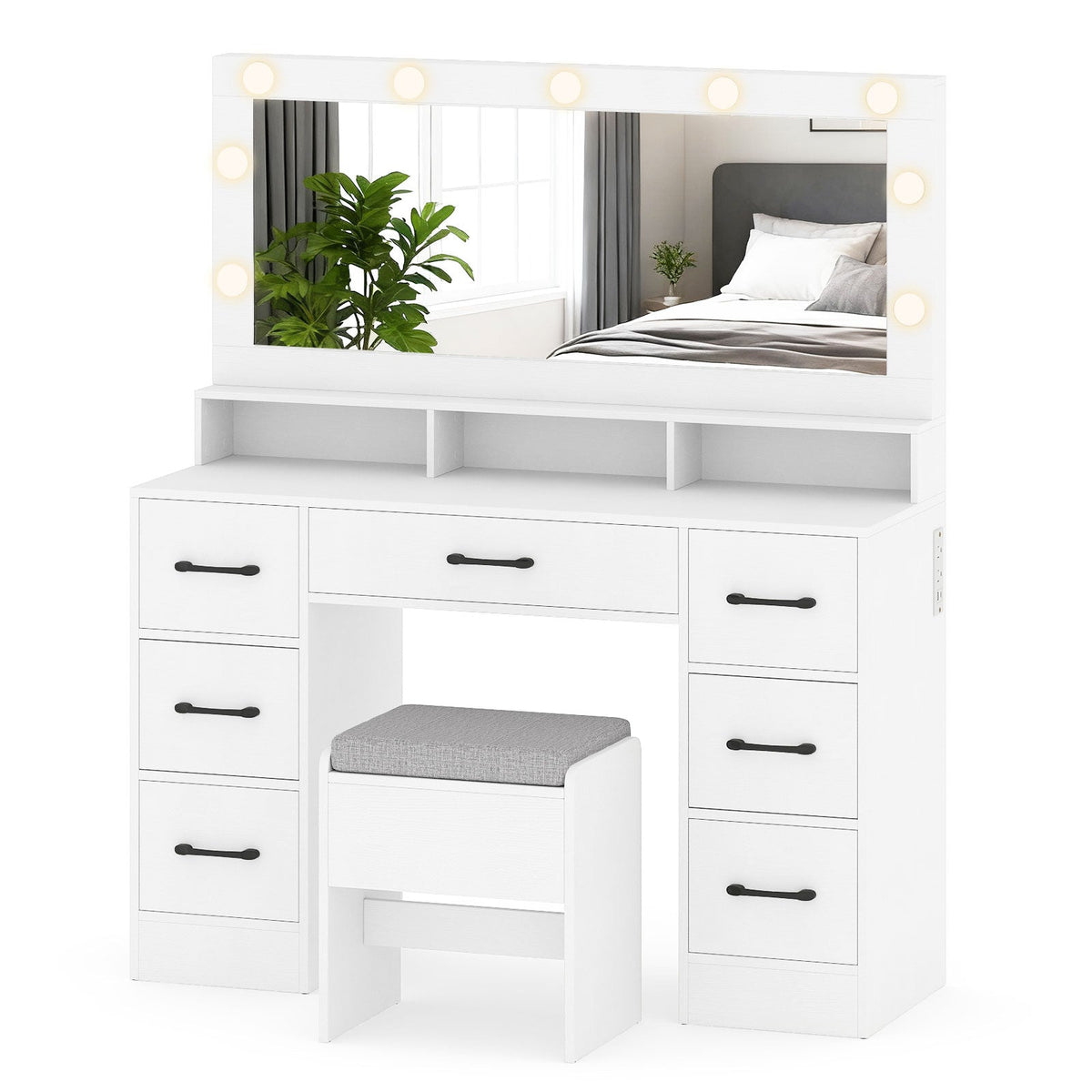 Vanity Desk with Hollywood Mirror & Built-In Power Outlets