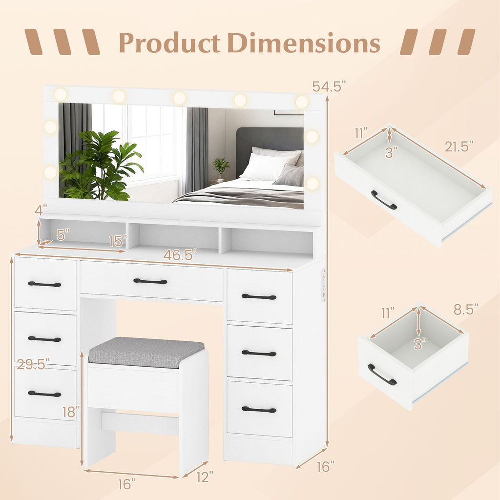 Vanity Desk with Hollywood Mirror & Built-In Power Outlets