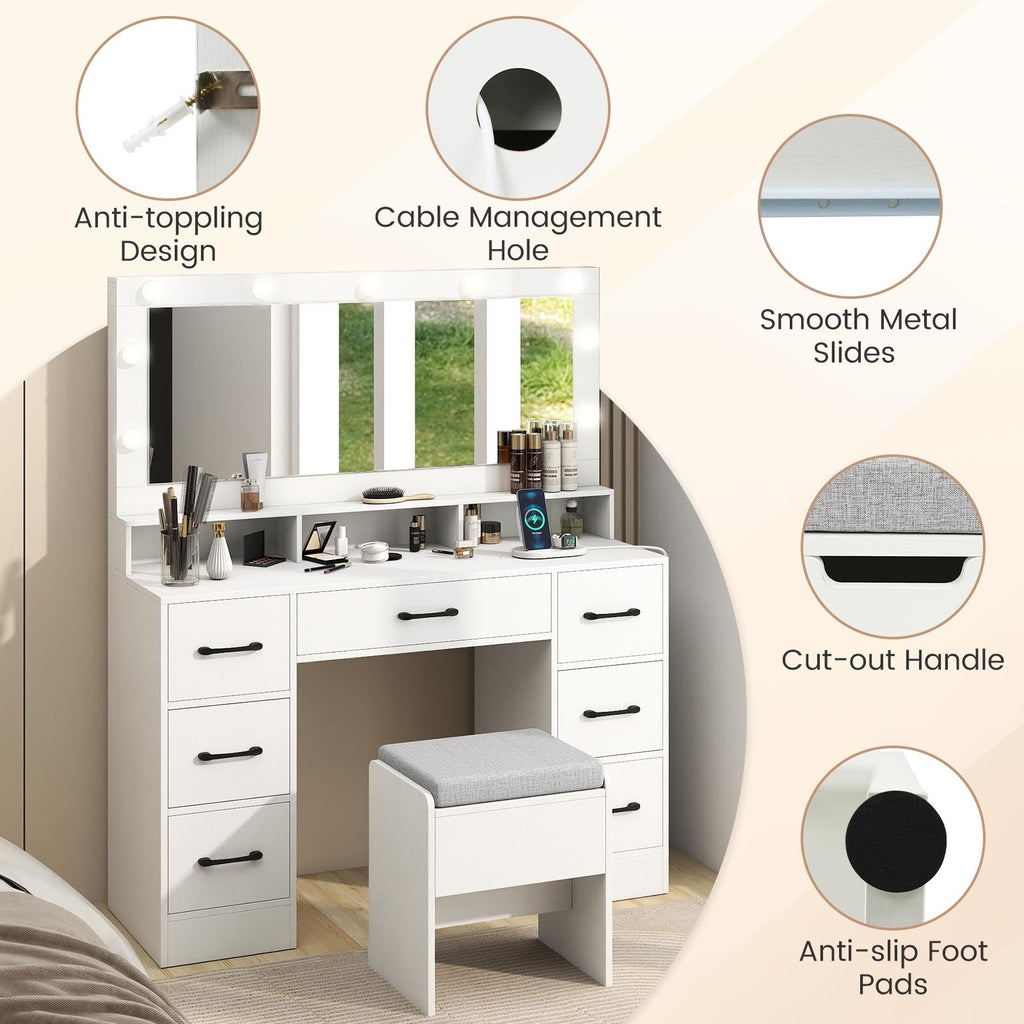 Vanity Desk with Hollywood Mirror & Built-In Power Outlets